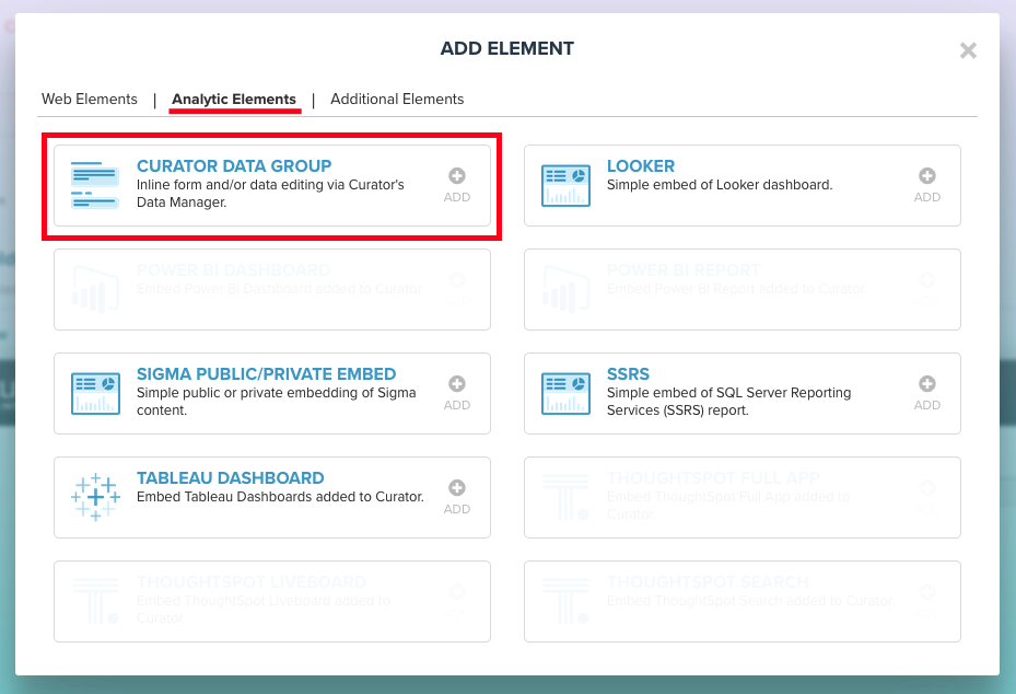 Curator Data Group element