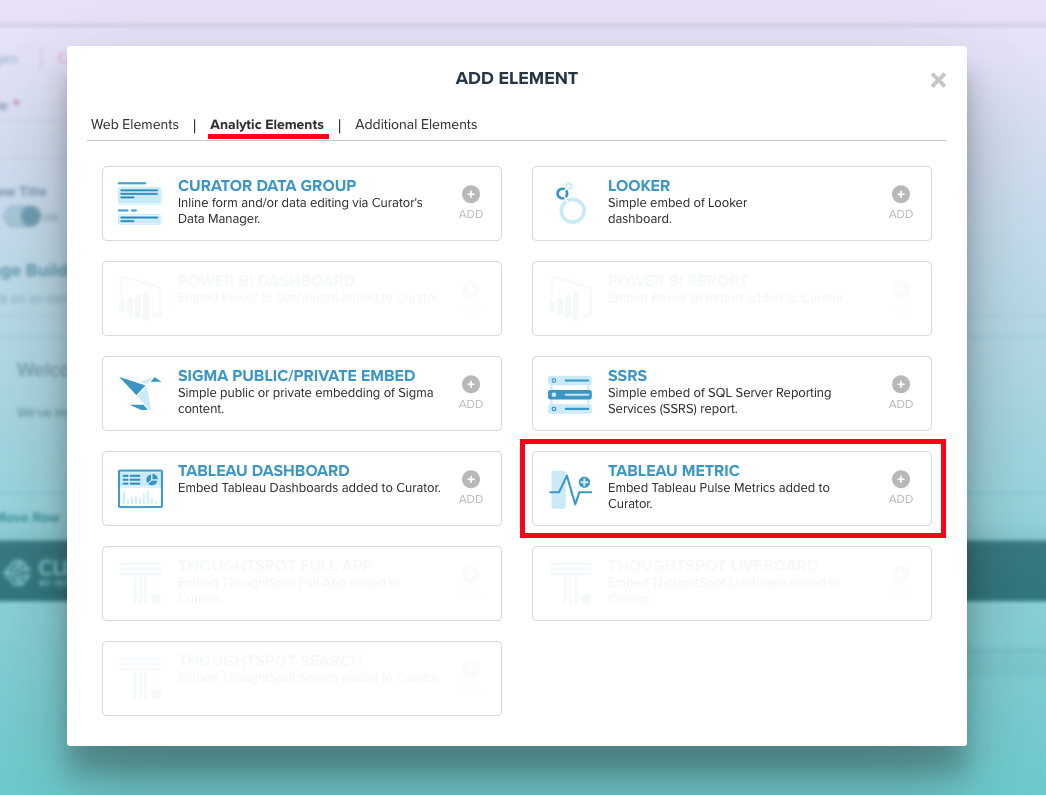 Modal showing analytic elements and highlighting Tableau metric option